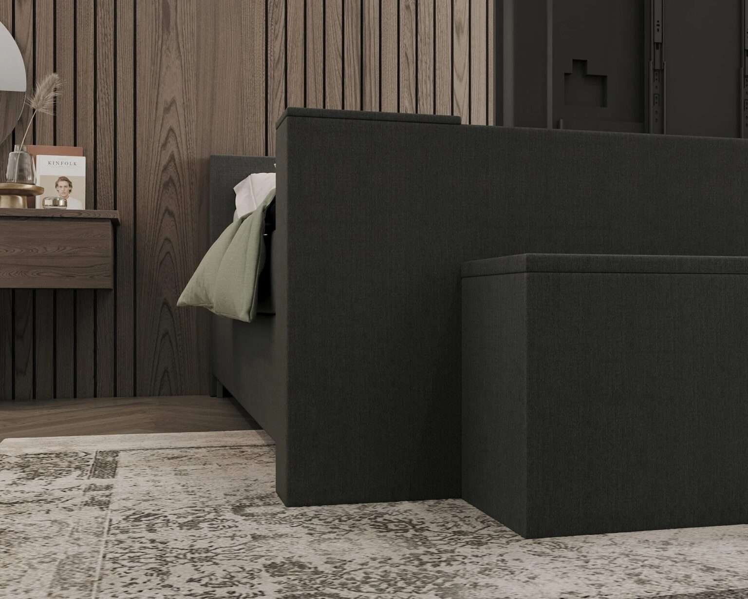 Boxspring met tv lift blauw Tongeren voor zij aanzicht