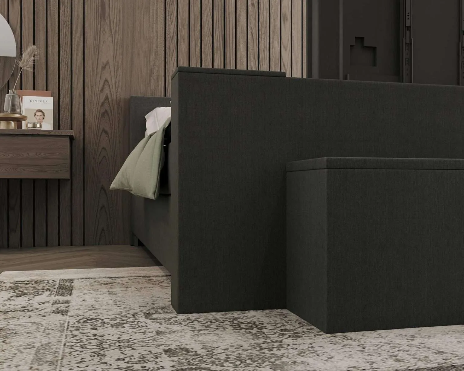 Boxspring met tv lift blauw Tongeren voor zij aanzicht